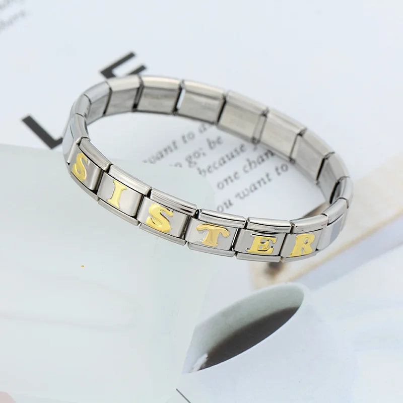 Hapiship 2024 nueva moda 26 letras en inglés eslabones de encanto italiano aptos para pulsera de acero inoxidable de 9mm hacer joyería de mujer DJ110