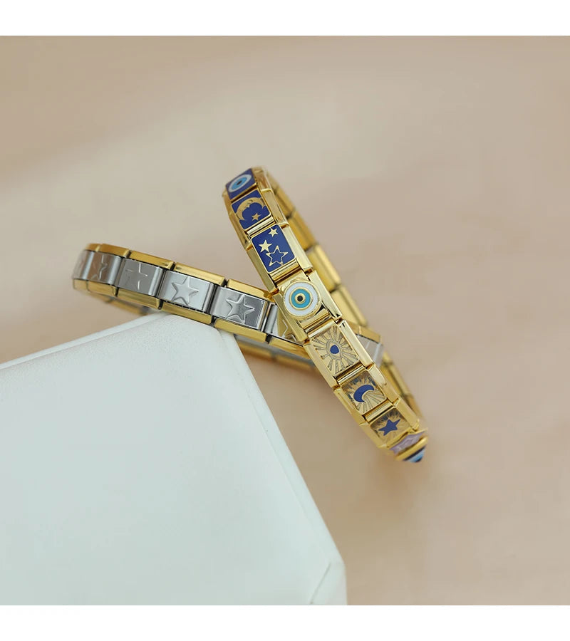 Hapiship, envío directo, 2024, Luna, estrella, ojo, dorado, italiano, eslabones aptos para pulsera de acero inoxidable de 9mm, joyería al por mayor DJ1373-A