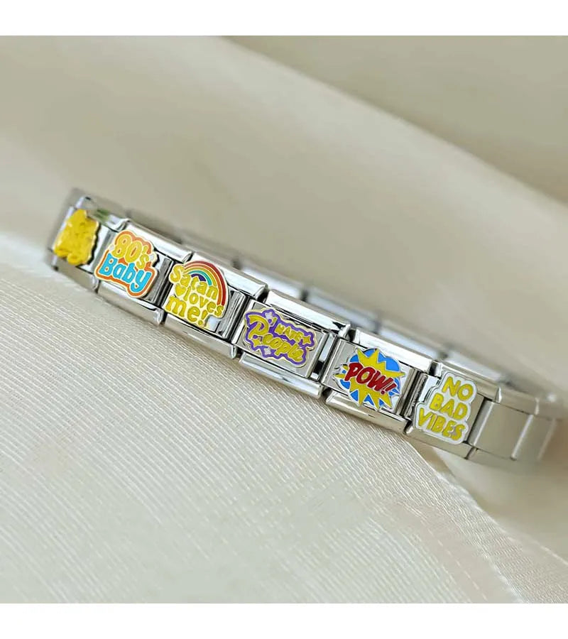 Hapiship 2024 nuevas mujeres Hey Goals Love Story No Bad Vibes Charms Links Fit 9mm pulsera de acero inoxidable joyería DIY DJ1154