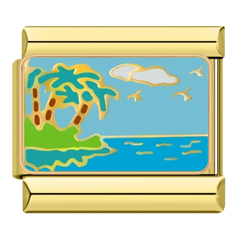Hapiship, envío directo, bebida de paisaje de amor, abalorio italiano dorado apto para pulsera de acero inoxidable de 9mm, joyería al por mayor DJ1421-B