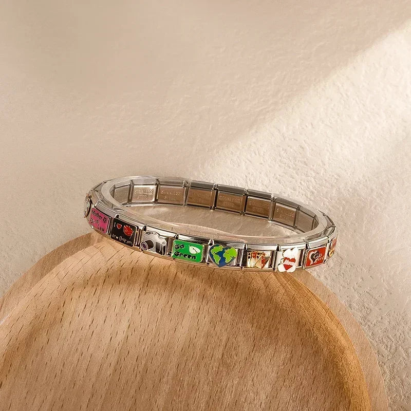 Hapiship 2024 nueva moda caliente colores esmalte cámara póker encanto enlaces ajuste 9mm pulsera de acero inoxidable hacer joyería DIY DJ736-A