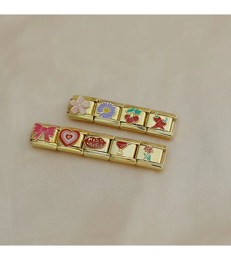 Hapiship moda flor cereza corazón Kiss Me pimienta dorado italiano encanto enlaces ajuste 9mm pulsera Envío Directo joyería DJ1373-B