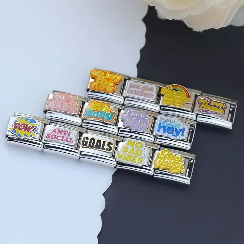 Hapiship 2024 nuevas mujeres Hey Goals Love Story No Bad Vibes Charms Links Fit 9mm pulsera de acero inoxidable joyería DIY DJ1154