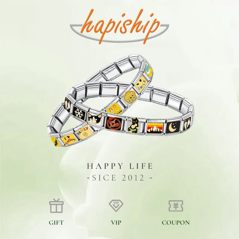 Hapiship 2024 nuevas mujeres Hey Goals Love Story No Bad Vibes Charms Links Fit 9mm pulsera de acero inoxidable joyería DIY DJ1154
