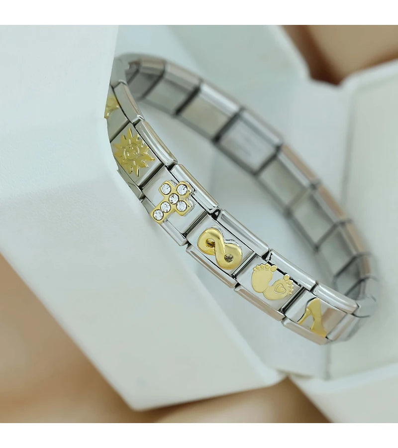 Hapiship 2024 New Elephant Sun Cross Bee Angel Camera Italian Charm Links Fit 9mm Bracelet Stainless Steel Making Jewelry DJ1188