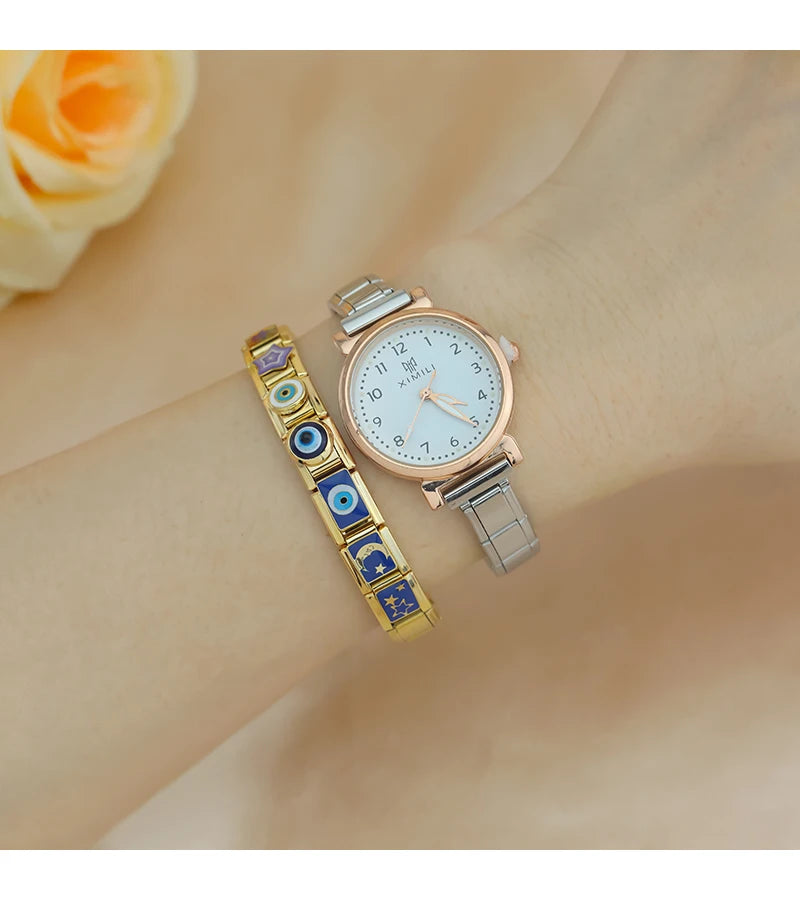 Hapiship, envío directo, 2024, Luna, estrella, ojo, dorado, italiano, eslabones aptos para pulsera de acero inoxidable de 9mm, joyería al por mayor DJ1373-A