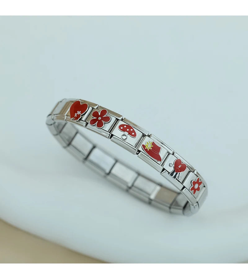 Hapiship 2024 mujeres esmalte rojo flor corazón Kiss Me encantos enlaces italianos ajuste 9mm pulsera de acero inoxidable hacer joyería ZH003