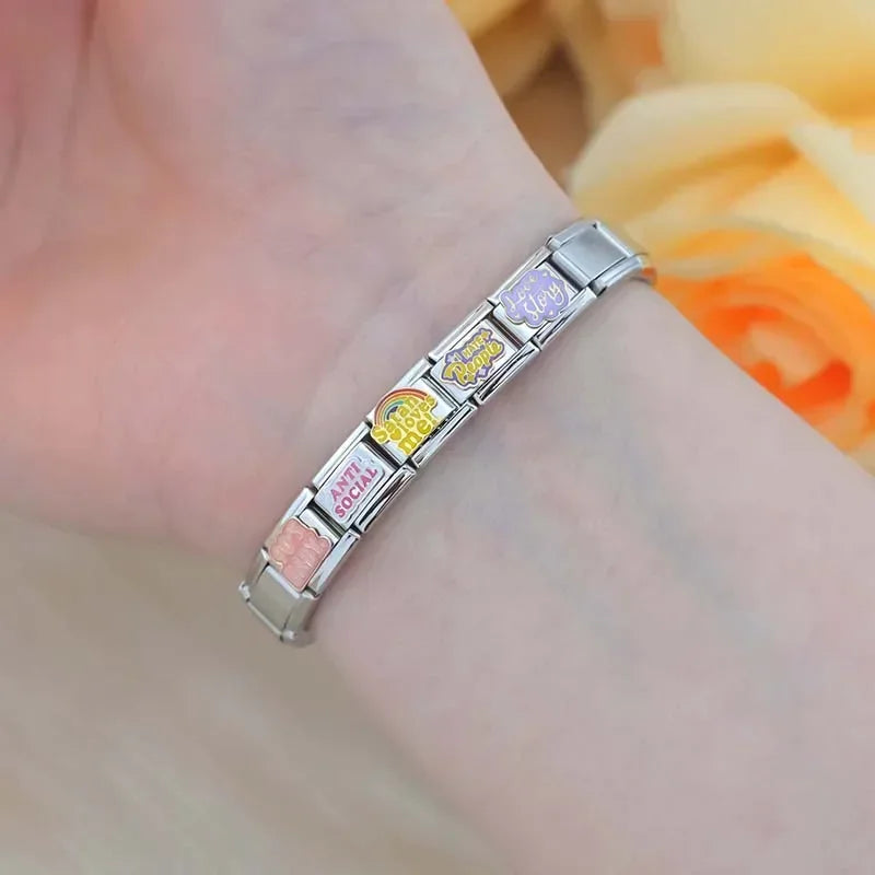 Hapiship 2024 nuevas mujeres Hey Goals Love Story No Bad Vibes Charms Links Fit 9mm pulsera de acero inoxidable joyería DIY DJ1154
