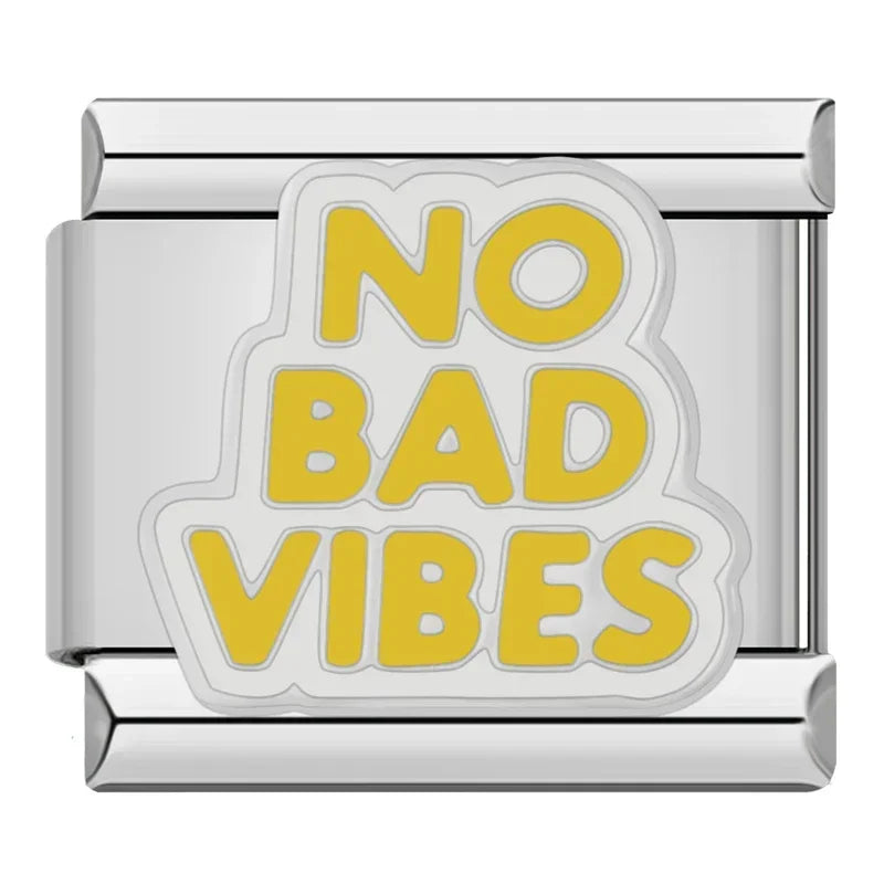 Hapiship 2024 nuevas mujeres Hey Goals Love Story No Bad Vibes Charms Links Fit 9mm pulsera de acero inoxidable joyería DIY DJ1154