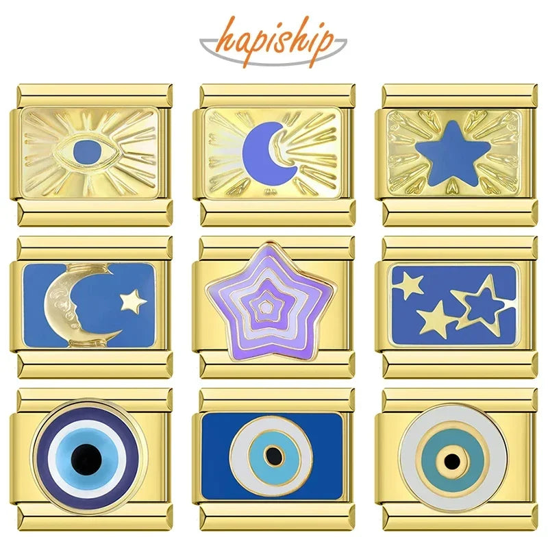 Hapiship, envío directo, 2024, Luna, estrella, ojo, dorado, italiano, eslabones aptos para pulsera de acero inoxidable de 9mm, joyería al por mayor DJ1373-A