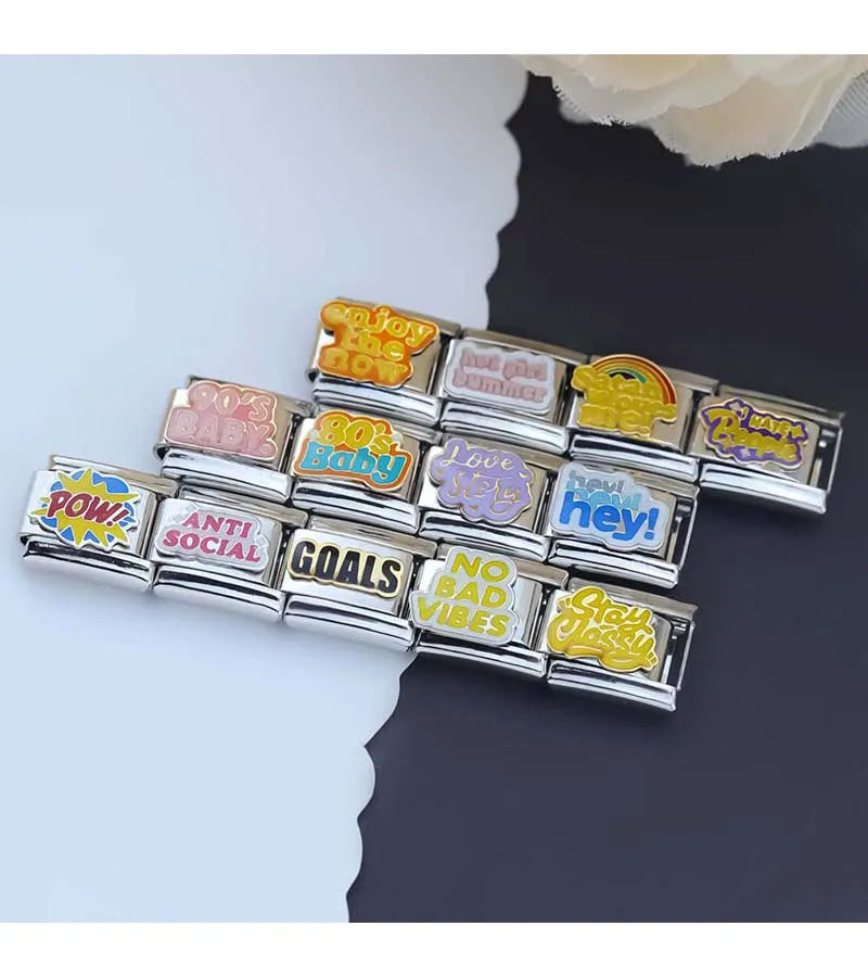 Hapiship 2024 nuevas mujeres Hey Goals Love Story No Bad Vibes Charms Links Fit 9mm pulsera de acero inoxidable joyería DIY DJ1154