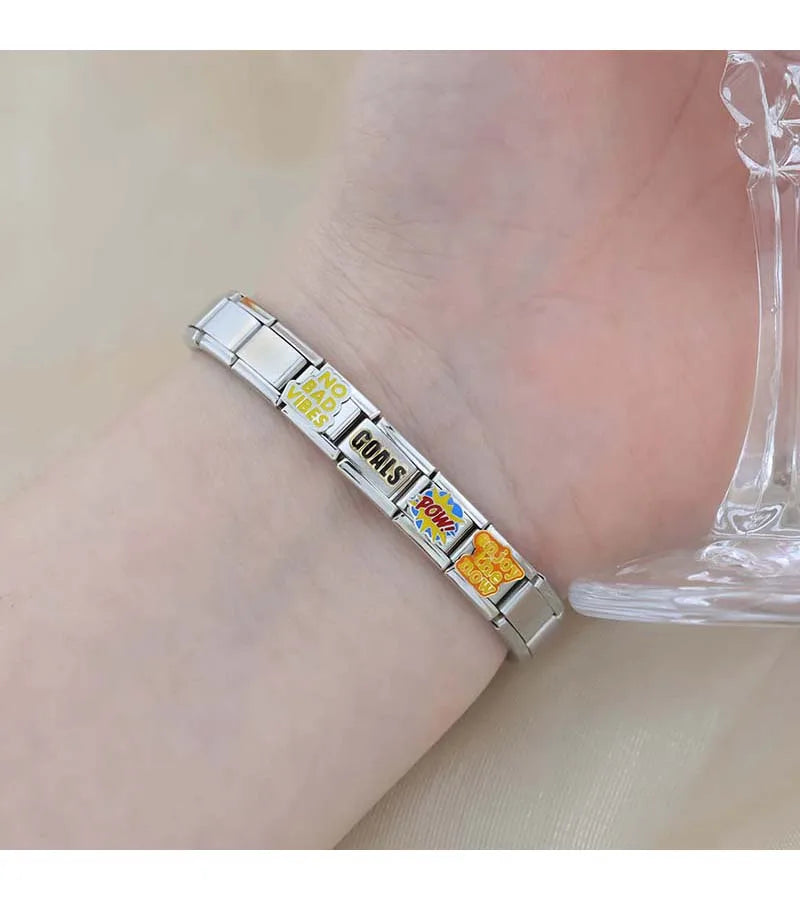 Hapiship 2024 nuevas mujeres Hey Goals Love Story No Bad Vibes Charms Links Fit 9mm pulsera de acero inoxidable joyería DIY DJ1154